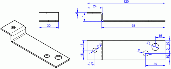Z-Winkel, Befestigungslasche 2x30x120 mm Höhe 14 mm